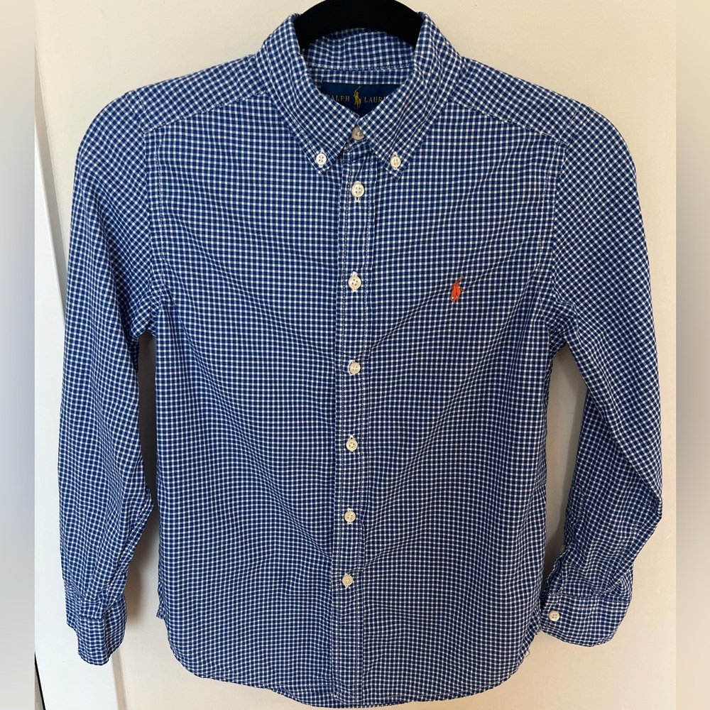 Ralph Lauren Boys 10-12 blue and white 100% cotton poplin button down shirt